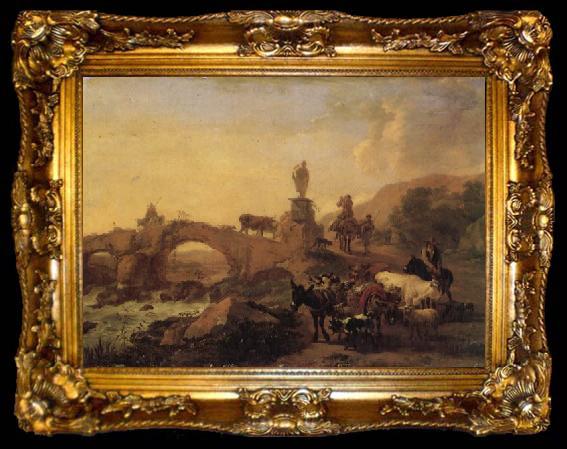 framed  BERCHEM, Nicolaes Italian Landscape with a Bridge, ta009-2